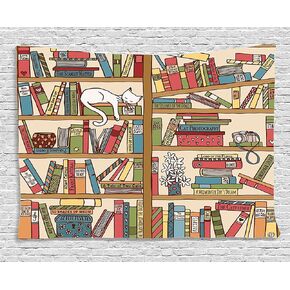 Ambesonne Cat Tapestry, Nerd Book Lover Kitty Sleeping over Bookshelf Library Academics Feline Boho Design, Wide Wall Hanging for Bedroom Living Room Dorm, 60" X 40", Brown Pink