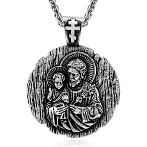 St Joseph/St Benedict/St Jesus Necklace, Christian Amulet Pendant for Men Women, 18K Gold/Black Metal/316L Stainless Steel Religious Amulets Pendant Necklace with Gift Box