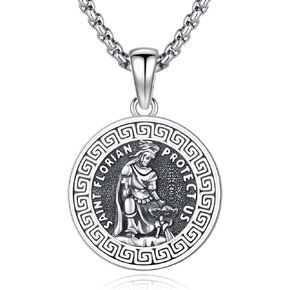 Firefighter Necklace for Men Sterling Silver Saint Florian Pendant Amulet Medal Pendant Necklaces Protection Catholic Jewelry Birthday Christmas Gifts for Women Man