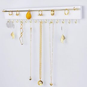Hanging Jewelry Organizer Wall Mounted Necklace Hanger with 14 Hooks, Wood Jewelry Rack Necklace Holder with Adhesive Hooks for Super Simple Installation (Also Comes with Screws) -White