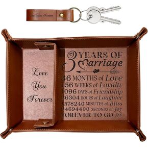 LRUIOMVE 3rd Wedding Anniversary PU Leather Valet Tray and Keychain, Unique Husband Boyfriend Gifts from Wife Girlfriend, Romantic 3 Years Anniversary Christmas Valentines Day Gift for Couples Him Her