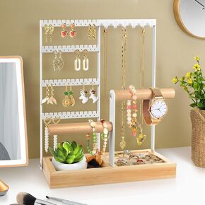 Jewelry Holder Organizer, 6 Hooks Necklace Organizer Stand with Wooden Tray, 4-Tier Earring Display Rack with 48 Holes, Jewelry Organizer for Bracelet and Ring, Gifts for Women and Girls (White)