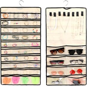 منظم مجوهرات معلق من سيمارو مع خطافات معدنية للتعليق، بكرة تخزين مجوهرات معلقة كبيرة مزدوجة الجوانب مع 48 جيبًا للأقراط وحلقات القلائد على الخزانة والجدار والباب (أسود) in Kuwait