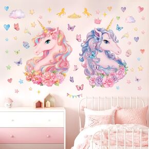 DECOWALL SG2-2412 Two Large Unicorns Wall Stickers Rainbow Kids Colorful Decals Removable for Girls Nursery Bedroom Living Room Art Home Decor Decoration Peel Stick Birthday Crown Star Heart