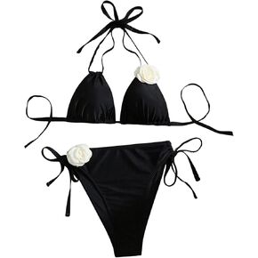 Floerns Women's Plus Size Appliques Swimsuits Tie Back Halter Tops Thong Bikini Sets