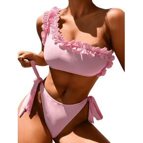 One Shoulder Ruffle Bikini,Low Rise Cheeky Two Piece Swimsuit for Women,Sexy Bathing Suit Pool Party