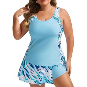 Hanna Nikole Women Plus Size Two Piece Swimsuit Athletic Color Block Women Side Slit Drawstring Swimsuits with Skirts