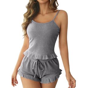 Avanova طقم بيجامة نسائي منسوج ومضلع مكشكش وسروال قصير مكون من قطعتين طقم ملابس نوم رمادي كشكش X-Large in Kuwait