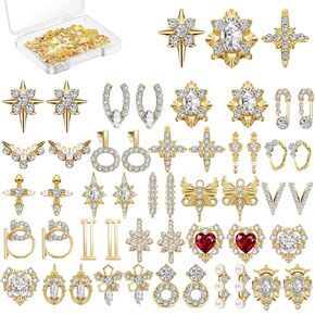 Maitys 48 Pcs 3D Shiny Nail Rhinestones Luxury Nail Decoration Diamonds Metal Nail Jewelry Nail Beauty Design Charms Gold Heart Nail Gems Nail Design Crystals for DIY Women Nail, 24 Styles