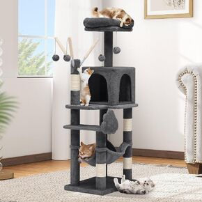 DWVO 75-inch Indoor Cat Tree Tower, Multi-Level Pet Playground, Cat Furniture with Scratch Posts, Hideaway Condos, Soft Perch, Snug Hammock, Climbing Ladder, and Plush Balls for Kittens (Light Gray)