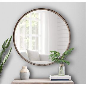 HBCY Creations Large Round Mirror, 27.5 inch Brushed Bronze Wall Mirror with Handcrafted Oil Rubbed Frame, Metal Framed Decorative Hanging Mirror for Both Rustic and Boho Design and Decor