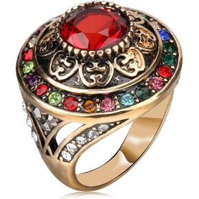 HAIXIAN Retro Gold Multi Stone Chunky Dome Ring for Women,14K Yellow Gold Plated Vintage Cocktail Party Crystal Turkish Signet Ring,Antique Turkey Ring Jewelry for Her