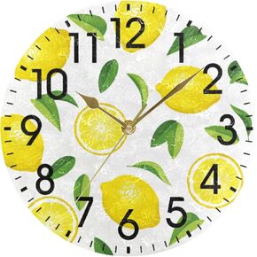 ALAZA Home Decor Summer Lemon Fruit Leaves 9.5 inch Round Acrylic Wall Clock Non Ticking Silent Clock Art for Living Room Kitchen Bedroom(Black Pointer)
