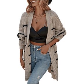 OYOANGLE Women's Striped Print Long Sleeve Open Front Cardigan Sweaters Drop Shoulder Loose Outerwear