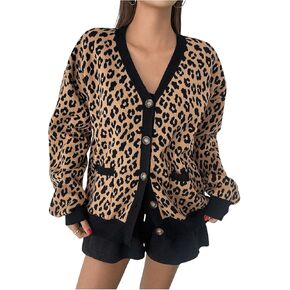 Floerns Women's Leopard Long Sleeve Cardigan Open Front Knitted Sweater Outerwear