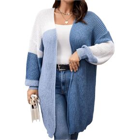 MakeMeChic Women's Plus Size Duster Cardigan 2024 Fall Fashion Long Sleeve Color Block Open Front Knitted Outerwear