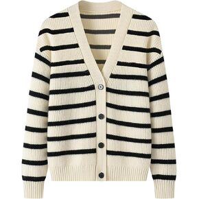 Bsubseach Striped Cardigan Sweaters for Women Knit Open Front Sweater Button Down Cropped V Neck Long Sleeve Jacket