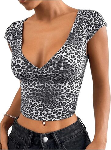 Floerns Women's Leopard Print Cap Sleeve T Shirts V Neck Y2k Crop Top Tee Shirts in Kuwait