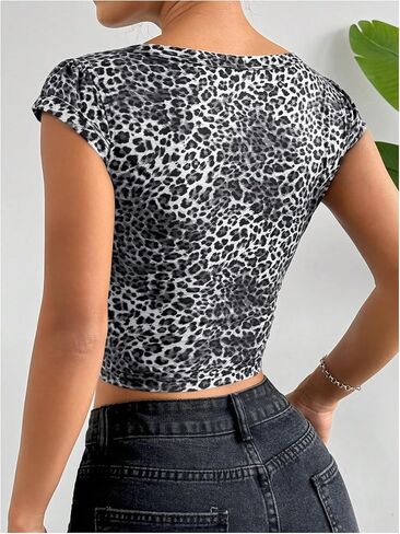 Floerns Women's Leopard Print Cap Sleeve T Shirts V Neck Y2k Crop Top Tee Shirts in Kuwait