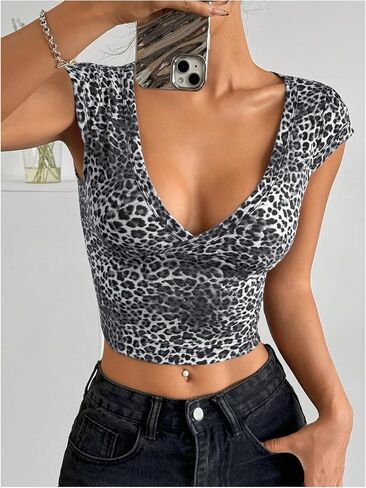 Floerns Women's Leopard Print Cap Sleeve T Shirts V Neck Y2k Crop Top Tee Shirts in Kuwait