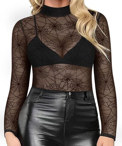 RITERA Plus Size Sheer Mesh Tops for Women Long Sleeve Sexy Glitter Shirts See Though Mock Neck Party Club XL-5XL in Kuwait