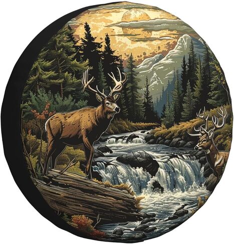 Landscape and Deer Spare Tire Cover Wheel Protectors Weatherproof Deer Pattern Wheel Covers Universal Fit for Trailer RV SUV Truck Camper Travel Trailers Accessories 15 Inch in Kuwait