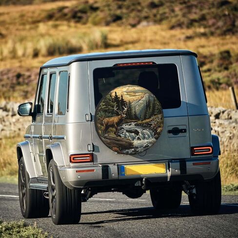 Landscape and Deer Spare Tire Cover Wheel Protectors Weatherproof Deer Pattern Wheel Covers Universal Fit for Trailer RV SUV Truck Camper Travel Trailers Accessories 15 Inch in Kuwait