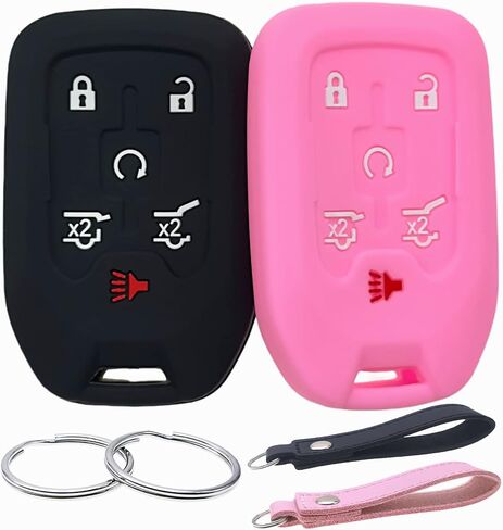Silicone Rubber Key Fob Cover Compatible with 2014-2021 Chevrolet Suburban Tahoe GMC Yukon Yukon XL (6 Buttons, Black Pink) in Kuwait