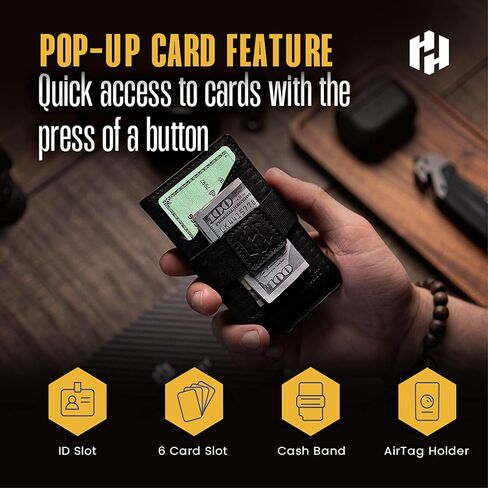 Hayvenhurst Slim Minimalist Pop Up Leather Wallet with Cash Strap - RFID Blocking Airtag Wallet For Men Credit Card Holder Capsule Wallets for Men (Black) in Kuwait
