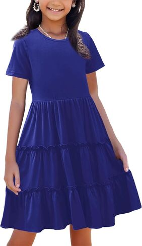 Girls' Summer Dresses Empire Waist Ruffle Sleeve Tiered Swing A-Line Casual Cotton Sundress 5-11Y in Saudi Arabia