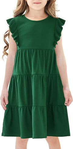 Girls' Summer Dresses Empire Waist Ruffle Sleeve Tiered Swing A-Line Casual Cotton Sundress 5-11Y in Saudi Arabia