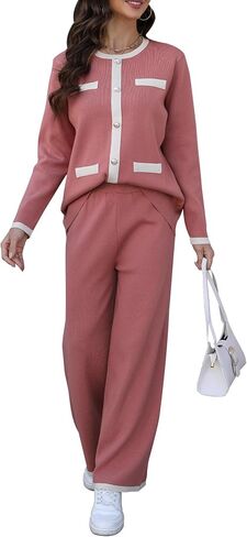 طقم سترة نسائي مكون من قطعتين من Ladyful بأكمام طويلة وسروال واسع الساق in Kuwait