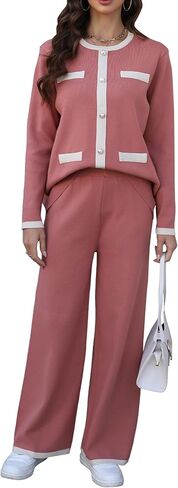 طقم سترة نسائي مكون من قطعتين من Ladyful بأكمام طويلة وسروال واسع الساق in Kuwait