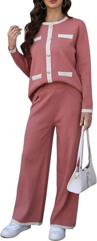 طقم سترة نسائي مكون من قطعتين من Ladyful بأكمام طويلة وسروال واسع الساق in Kuwait