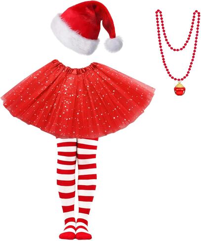 Girls Christmas Costume, Xmas Kids Tutu Skirt with Santa Hat Striped Tights, Christmas Elf Costume Girls Tutu in Saudi Arabia