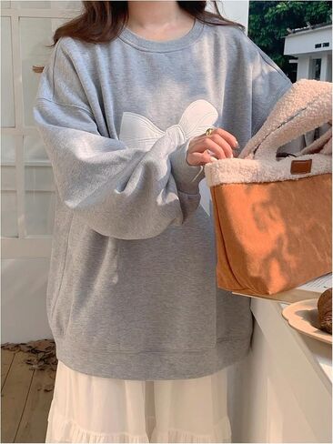 Women's Oversized Sweatshirts Bow Embroidery Long Sleeve Crewneck Sweatshirt Pullovers Trendy in Saudi Arabia