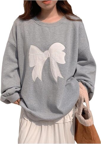 Women's Oversized Sweatshirts Bow Embroidery Long Sleeve Crewneck Sweatshirt Pullovers Trendy in Saudi Arabia