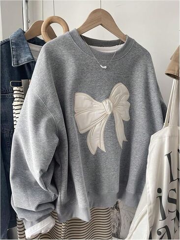Women's Oversized Sweatshirts Bow Embroidery Long Sleeve Crewneck Sweatshirt Pullovers Trendy in Saudi Arabia