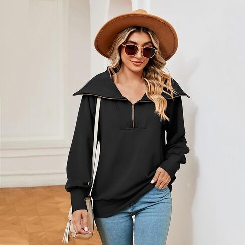 ODIZLI Women's Fall Winter Long Sleeve Lapel Collar Zip Up Sweatshirt Pullover Top Lounge Wear 1/4 Zip Pullover Women in Saudi Arabia