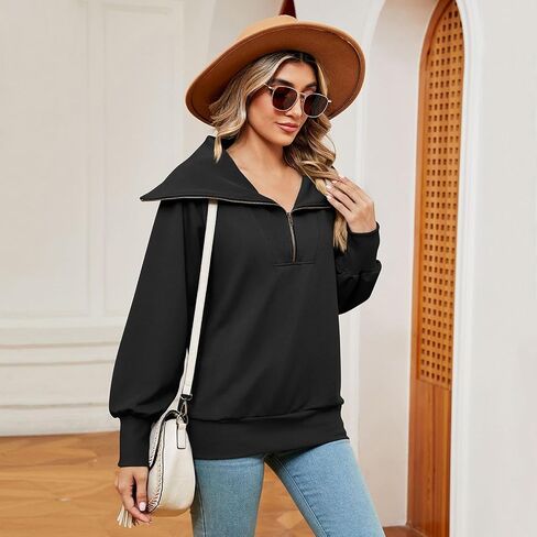 ODIZLI Women's Fall Winter Long Sleeve Lapel Collar Zip Up Sweatshirt Pullover Top Lounge Wear 1/4 Zip Pullover Women in Saudi Arabia