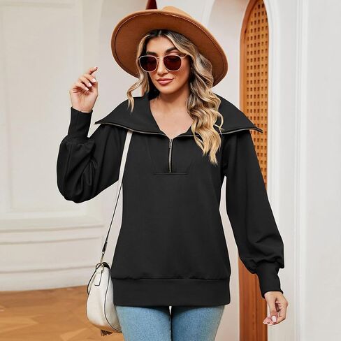 ODIZLI Women's Fall Winter Long Sleeve Lapel Collar Zip Up Sweatshirt Pullover Top Lounge Wear 1/4 Zip Pullover Women in Saudi Arabia