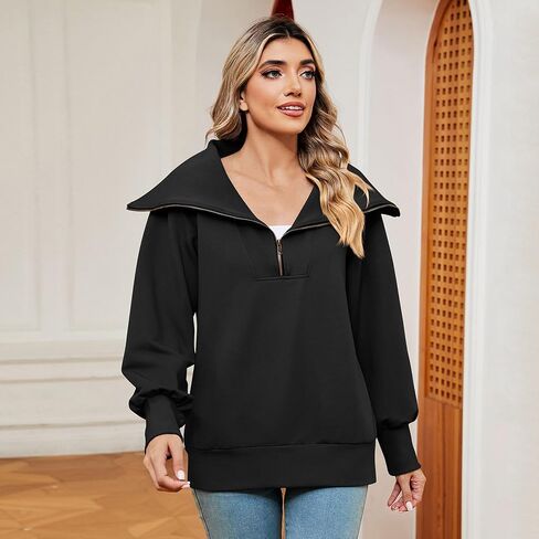 ODIZLI Women's Fall Winter Long Sleeve Lapel Collar Zip Up Sweatshirt Pullover Top Lounge Wear 1/4 Zip Pullover Women in Saudi Arabia