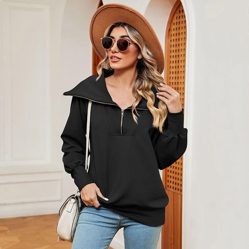 ODIZLI Women's Fall Winter Long Sleeve Lapel Collar Zip Up Sweatshirt Pullover Top Lounge Wear 1/4 Zip Pullover Women in Saudi Arabia
