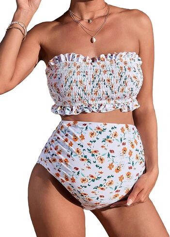 MakeMeChic Women's Maternity Bathing Suit Ditsy Floral Two Piece Bandeau Bikini Sets Frill Trim High Waist Swimsuit in Saudi Arabia