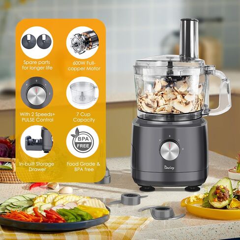 Davivy Food Processor 13 Cup,Stainless Steel Bowl Food Processor,7 Blades with 9 Functions Vegetable Chopper for Home Use,Stepless Variable Control,Black,600W (13-Cup Stainless Steel Bowl) in Saudi Arabia