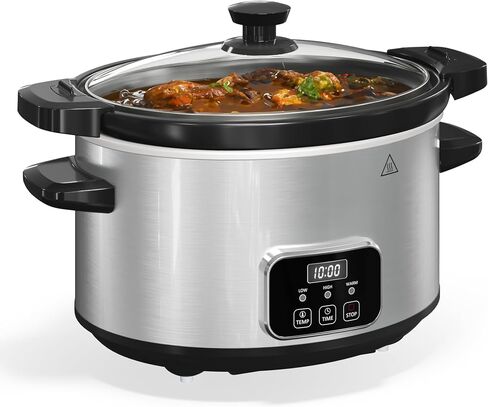 6 Quart Programmable Slow Cooker with Silicone Divider, Multi Slow Cooker with Timer, 3 Cooking Mode Digital Slow Cooker, Dishwash Safe, Removable Ceramic Pot and Glass Lid, Silver in Saudi Arabia