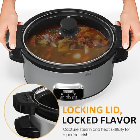 6 Quart Programmable Slow Cooker with Silicone Divider, Multi Slow Cooker with Timer, 3 Cooking Mode Digital Slow Cooker, Dishwash Safe, Removable Ceramic Pot and Glass Lid, Silver in Saudi Arabia