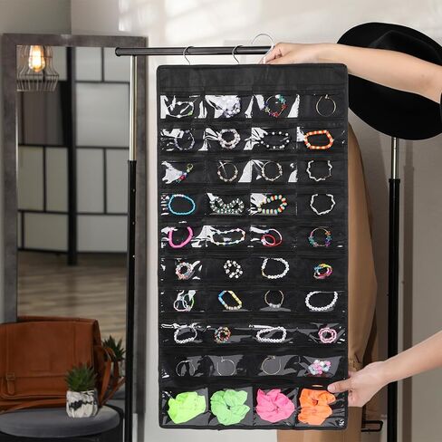 simarro Hanging Jewelry Organizer with Hanger Metal Hooks, Double Sided Large Hanging Jewelry Storage Roll with 48 Pockets for Earrings, Necklaces Rings on Closet, Wall, Door(Black) in Saudi Arabia