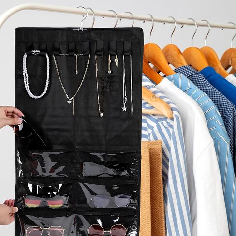 simarro Hanging Jewelry Organizer with Hanger Metal Hooks, Double Sided Large Hanging Jewelry Storage Roll with 48 Pockets for Earrings, Necklaces Rings on Closet, Wall, Door(Black) in Saudi Arabia