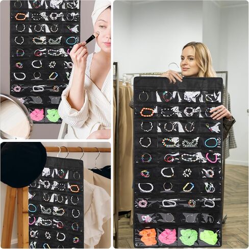 simarro Hanging Jewelry Organizer with Hanger Metal Hooks, Double Sided Large Hanging Jewelry Storage Roll with 48 Pockets for Earrings, Necklaces Rings on Closet, Wall, Door(Black) in Saudi Arabia